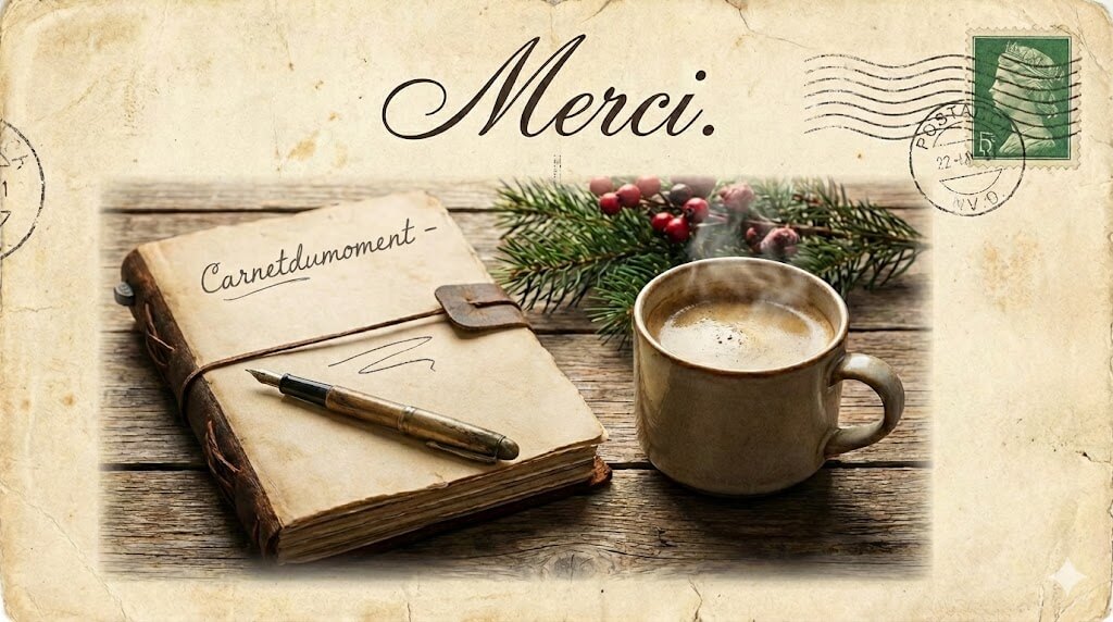 un carnet de note un peu vieillot, avec une plume près d'un café fumant, encadré par une branche de guy. Et Merci.