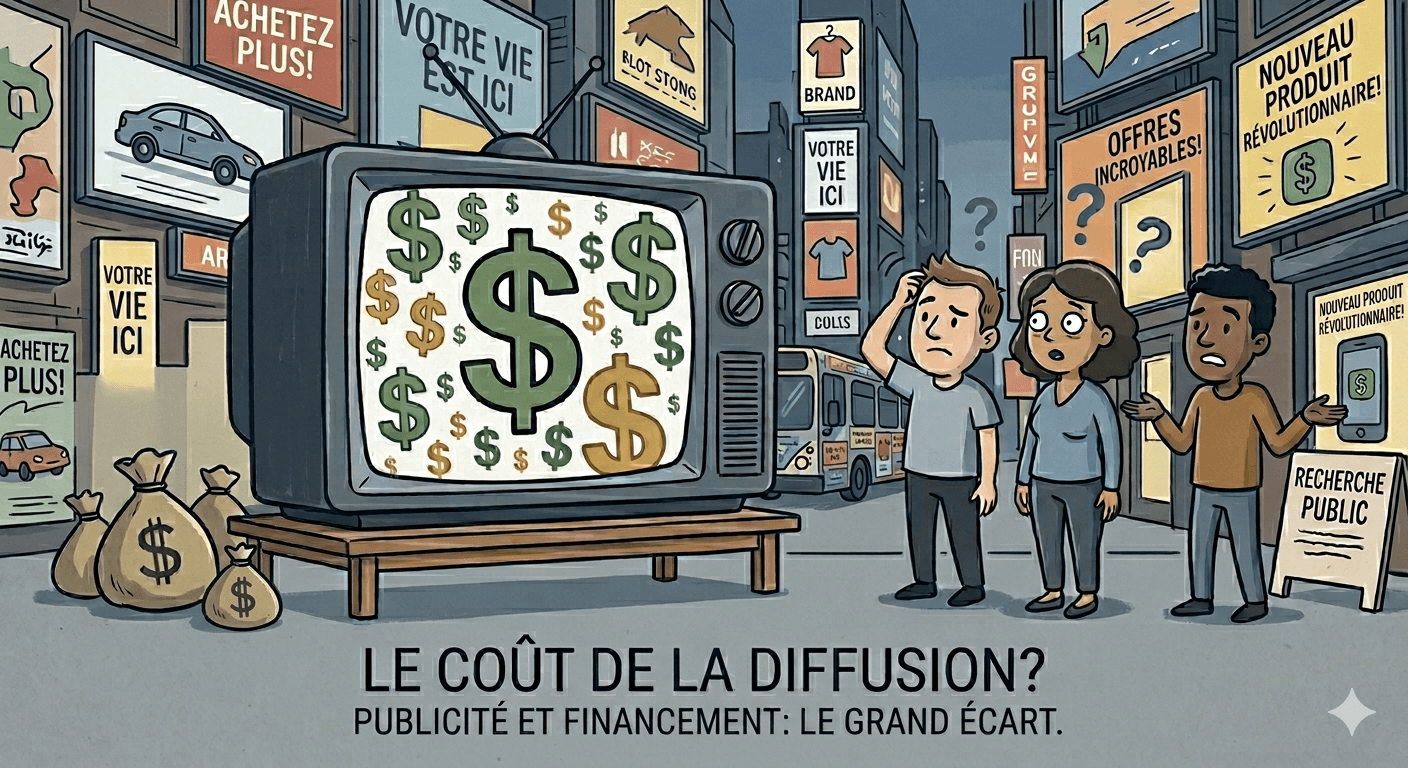 des personnes médusées devant une télé remplie de signes d'argent et des publicités en arrière-plan