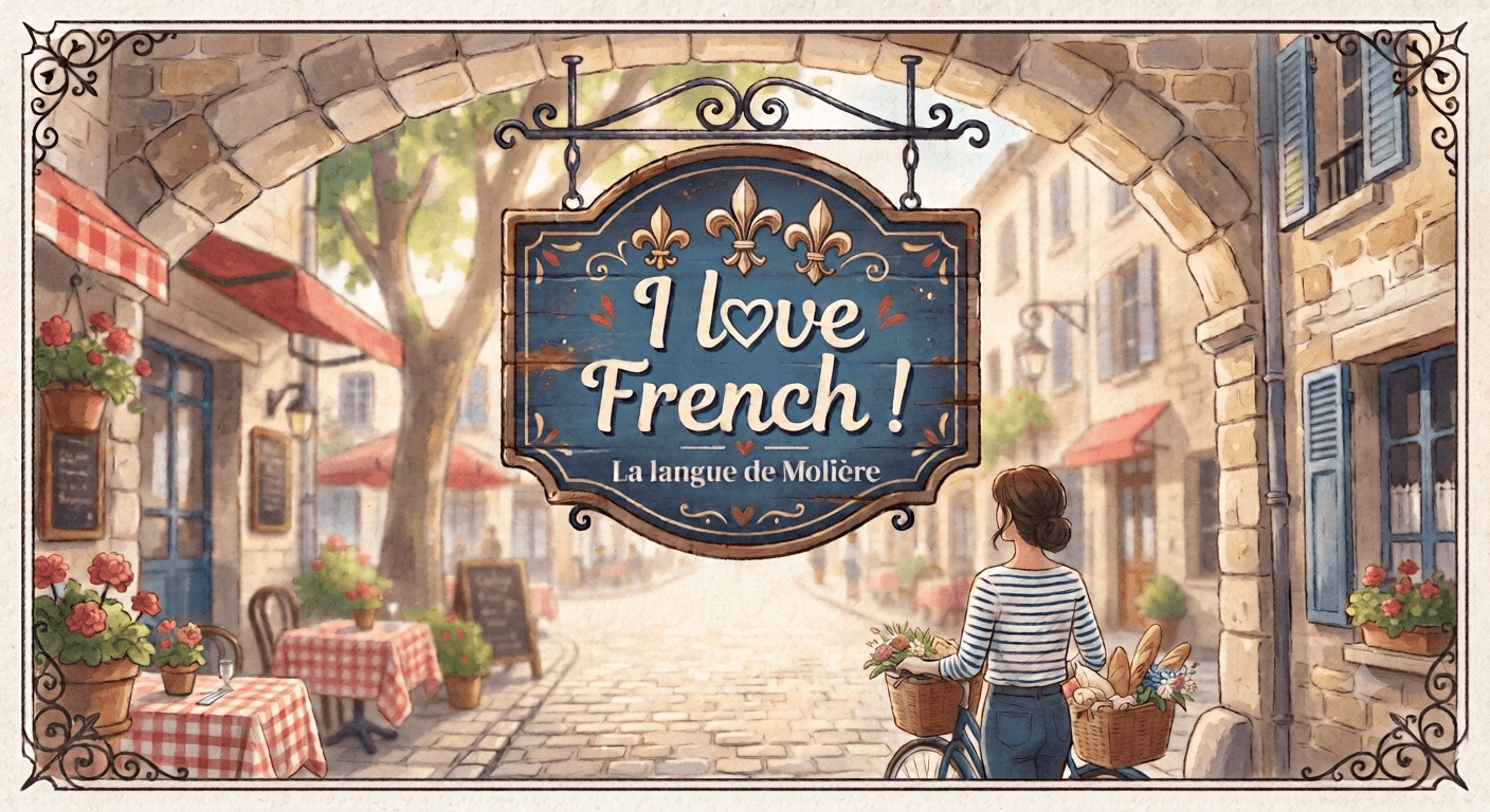 Scène d'une place française avec une affiche I love French !